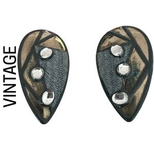 VINTAGE EARRINGS 80s Sterling Silver Denim-like Enamel Cabochon Gems Geometric